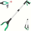 A silver heavy-duty reacher grabber tool with a green handle and rotating clamp, shown alongside its accessories.