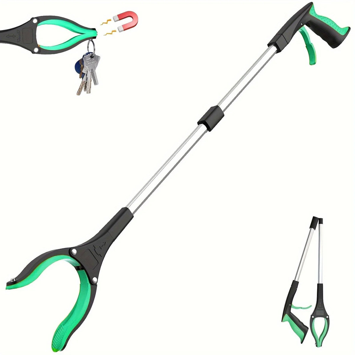 A silver heavy-duty reacher grabber tool with a green handle and rotating clamp, shown alongside its accessories.
