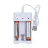A white USB fast battery charger with a cord, designed to recharge AA and AAA rechargeable batteries.