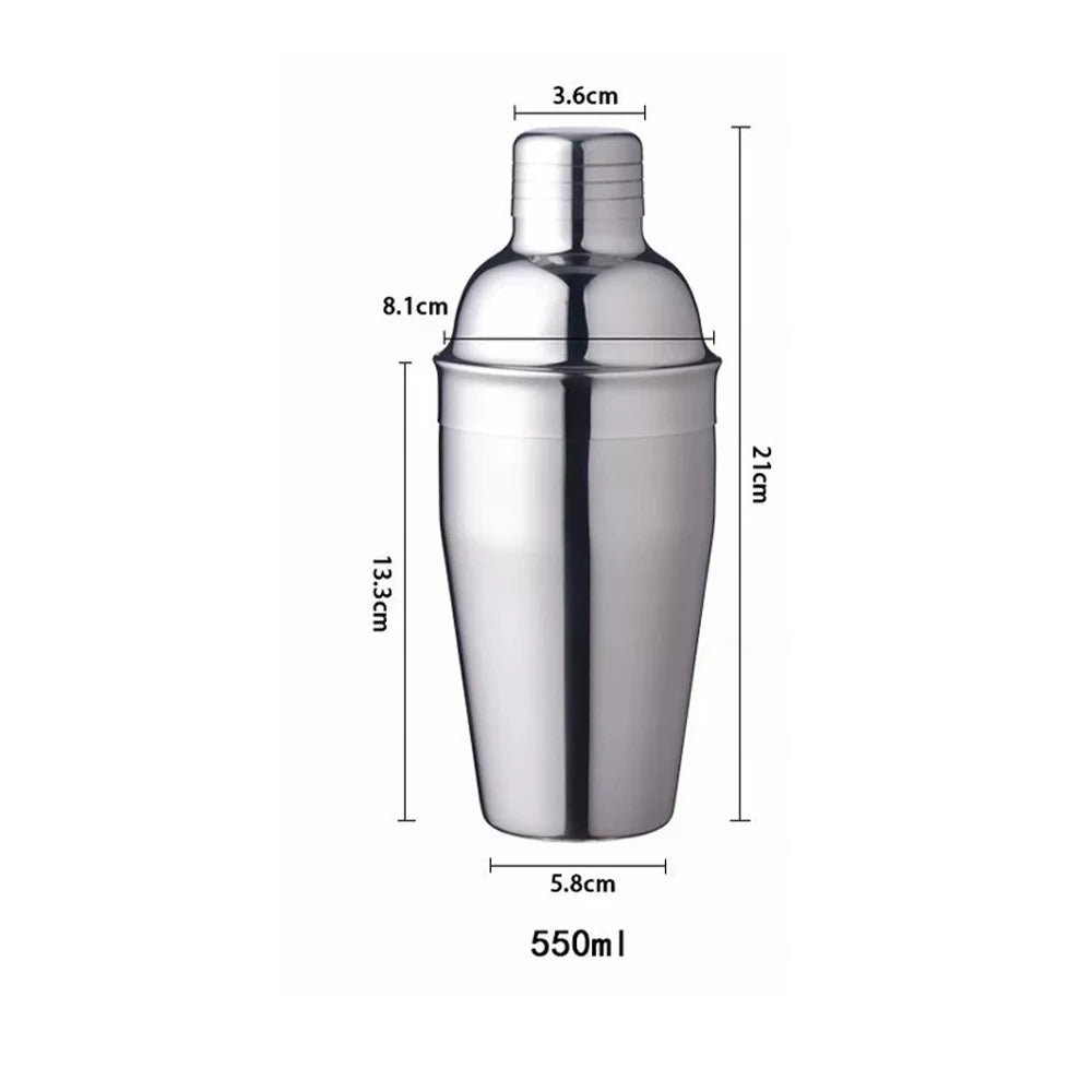 A silver stainless steel cocktail shaker with a tapered top and cylindrical body.