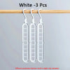 Three white folding hangers with hooks hanging from a wooden rod