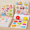 A set of wooden life cycle puzzles featuring various animals and transportation vehicles for children.