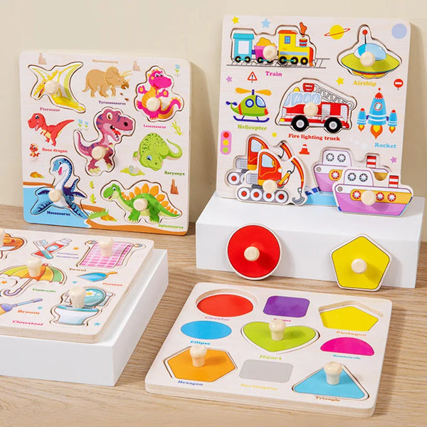 A set of wooden life cycle puzzles featuring various animals and transportation vehicles for children.