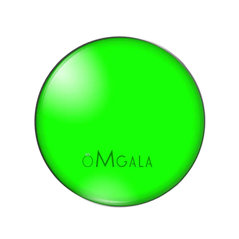 A bright green, round glass photo cabochon for jewelry making.