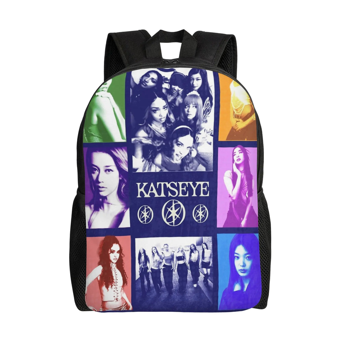 A black canvas daypack backpack featuring a collage of female portraits.