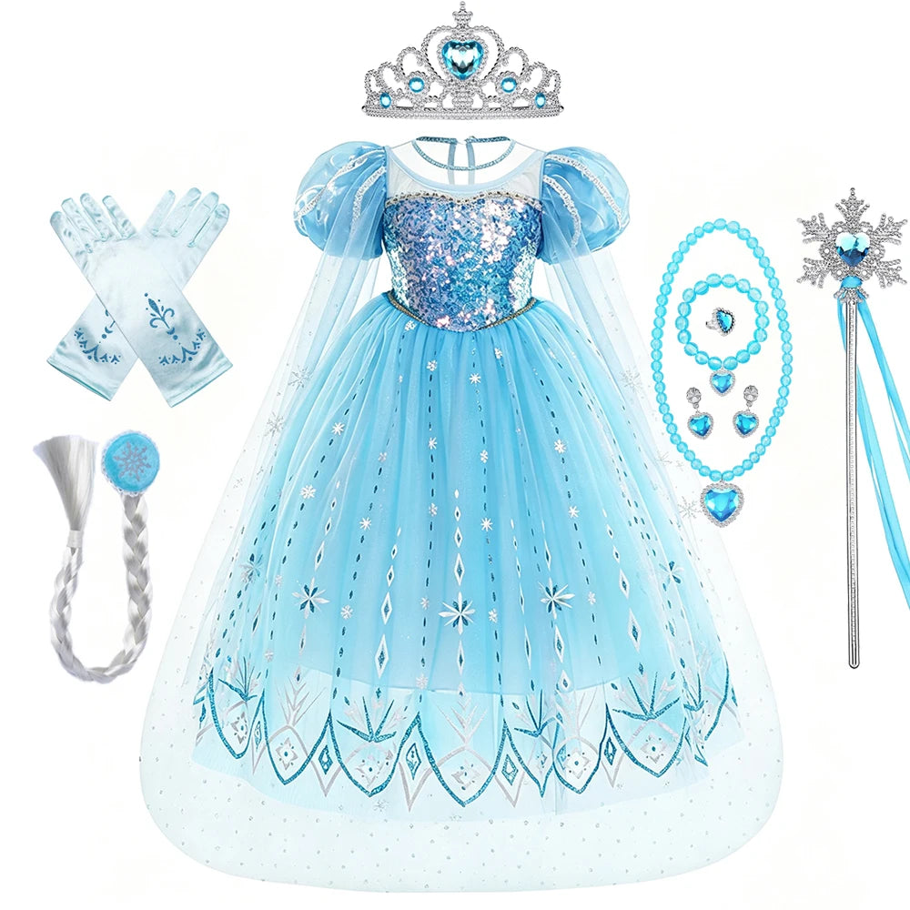 Light blue tulle princess party dress with silver crown and lace details
