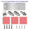 Storage rack for 1 1/4 inch coupler plug and 2 1/4 inch coupler sockets with various quick connect holders