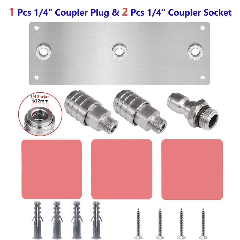 Storage rack for 1 1/4 inch coupler plug and 2 1/4 inch coupler sockets with various quick connect holders