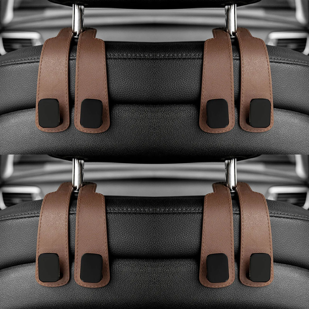 Car headrest hooks in brown leather securing bags and shopping organizers