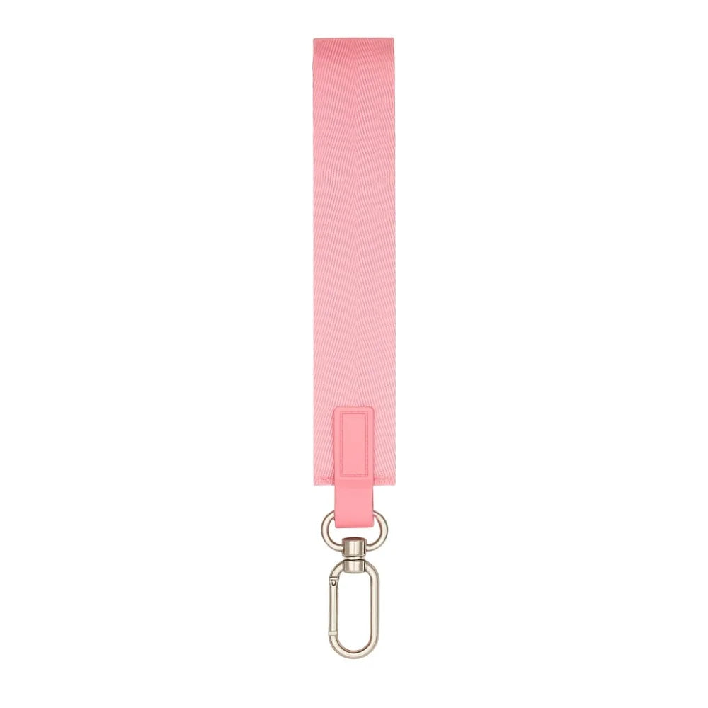 Pink nylon wristlet keychain strap with a metal split ring closure