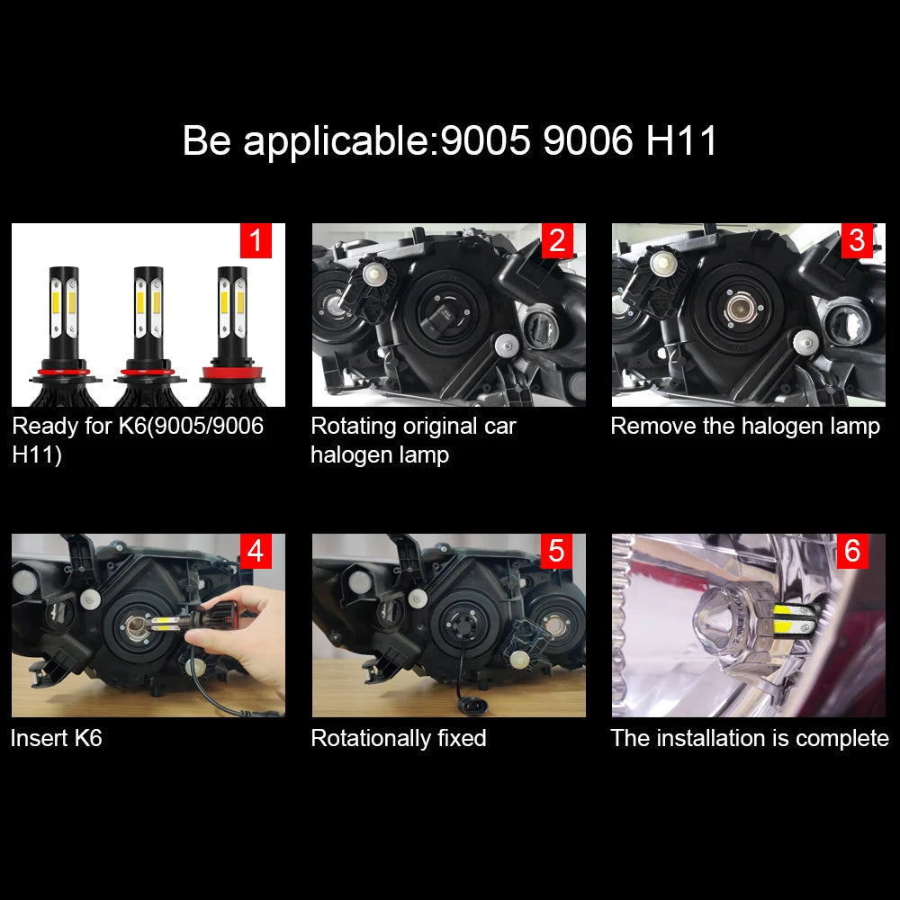 Installation steps showing how to install 4-sided LED headlight bulbs for K6 and H11 lights.
