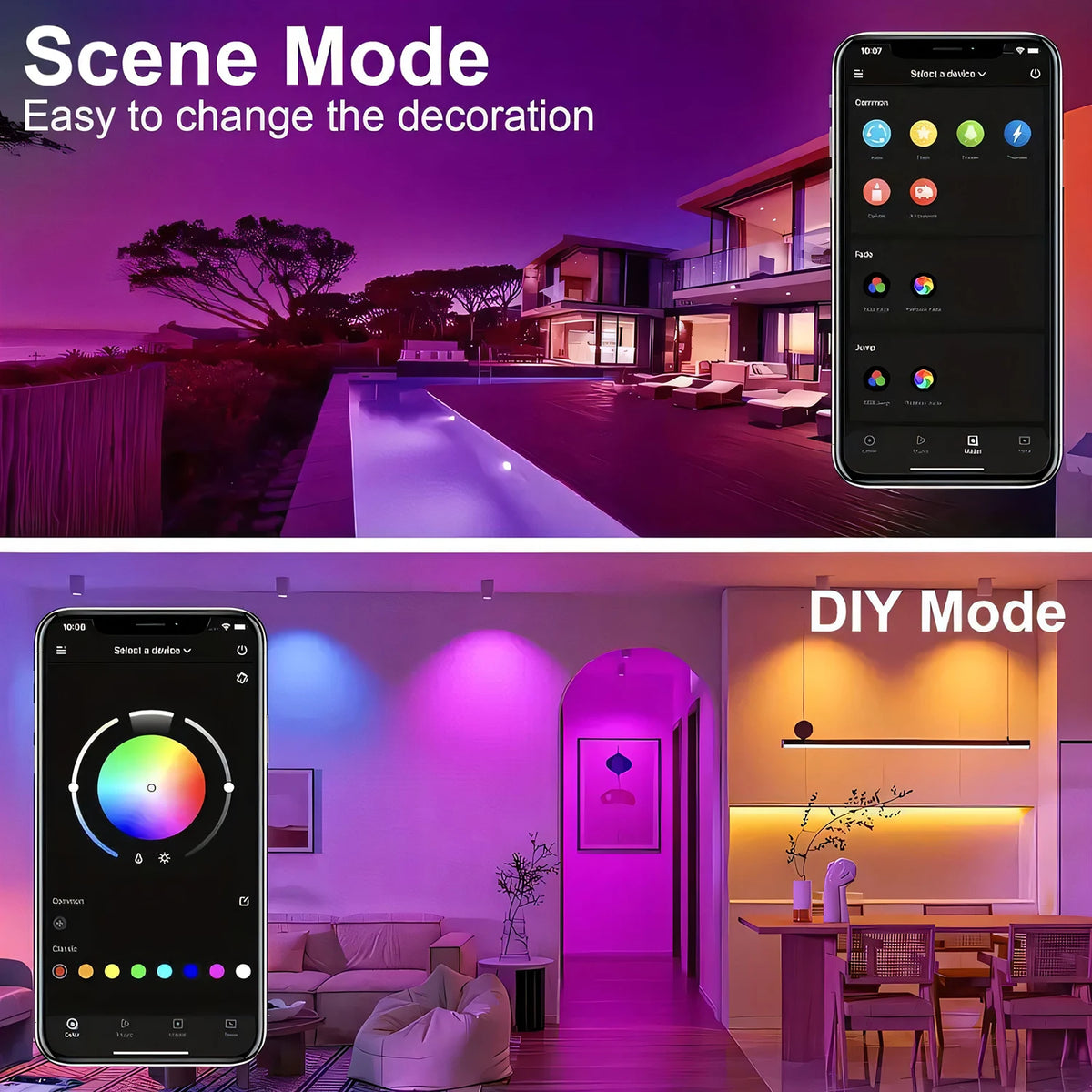 A split image showing Scene Mode and DIY Mode features of a smart RGB LED strip light system.