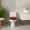 A white toilet with a brown flannel seat cover is shown in a modern bathroom setting.