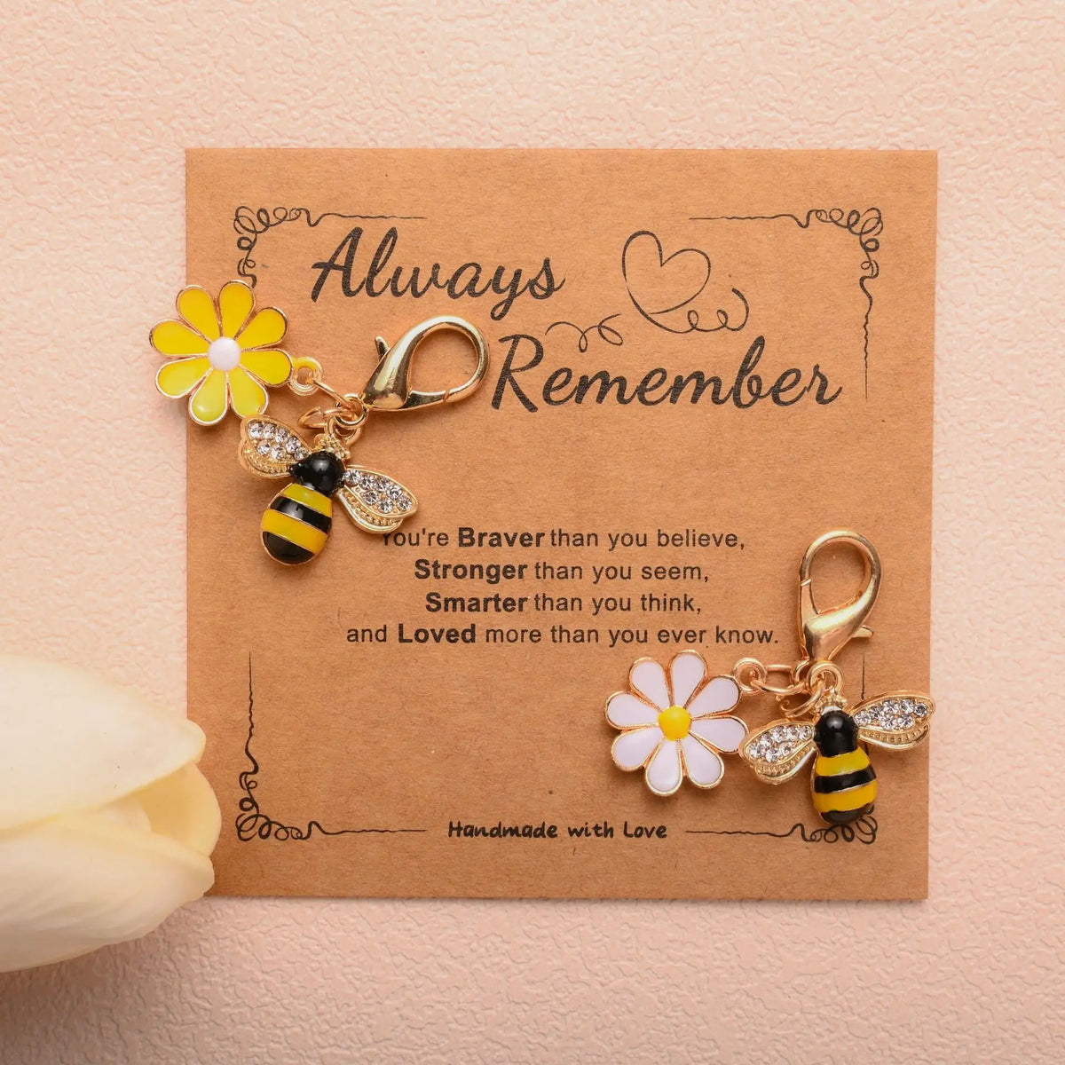 Floral Blessing Card Keychain with Bee Motif