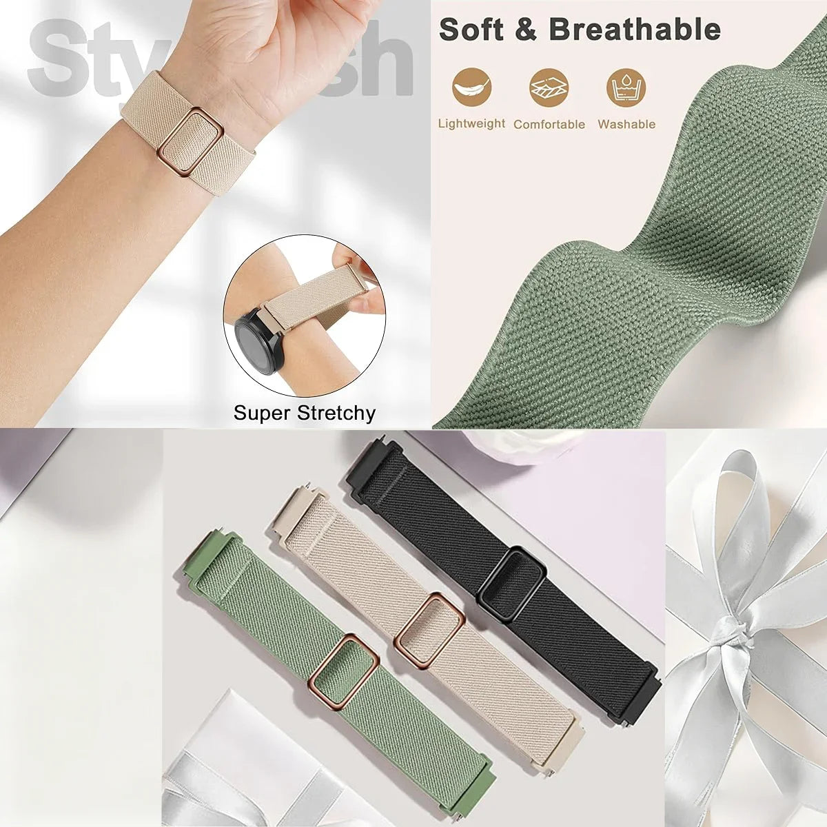 Primer plano de una banda deportiva elástica suave y transpirable, ajustable, en colores verde oliva y beige, mostrada en una