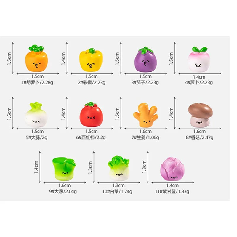 A collection of hand-painted resin vegetable figurines in various colors and sizes displayed against a white background.