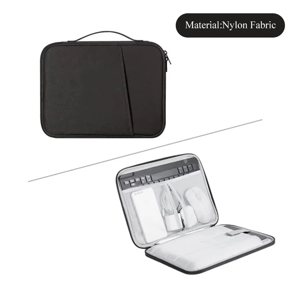 Black nylon fabric padded laptop sleeve bag with a clear protective sleeve inside