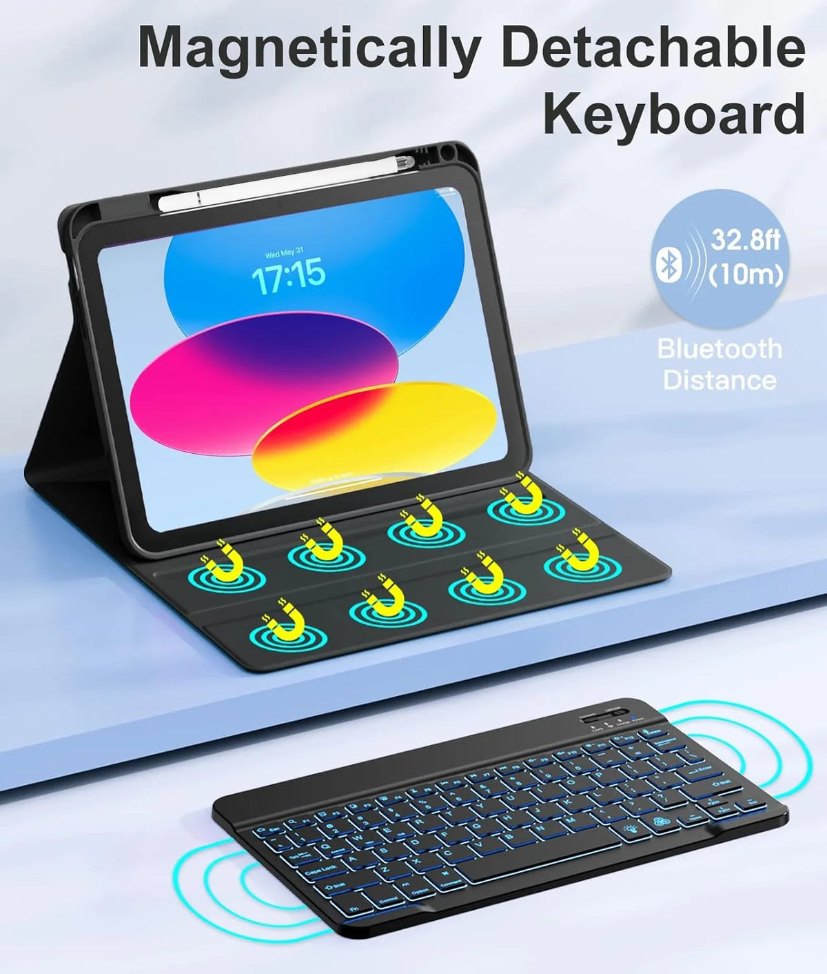 A magnetically detachable keyboard is shown with an iPad, demonstrating a 32.8ft Bluetooth distance.