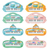 A collection of six colorful electronic piano toys for kids, featuring various pastel colors and musical themes.