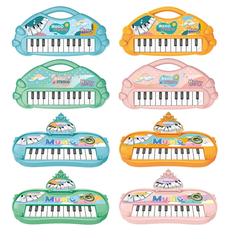 A collection of six colorful electronic piano toys for kids, featuring various pastel colors and musical themes.