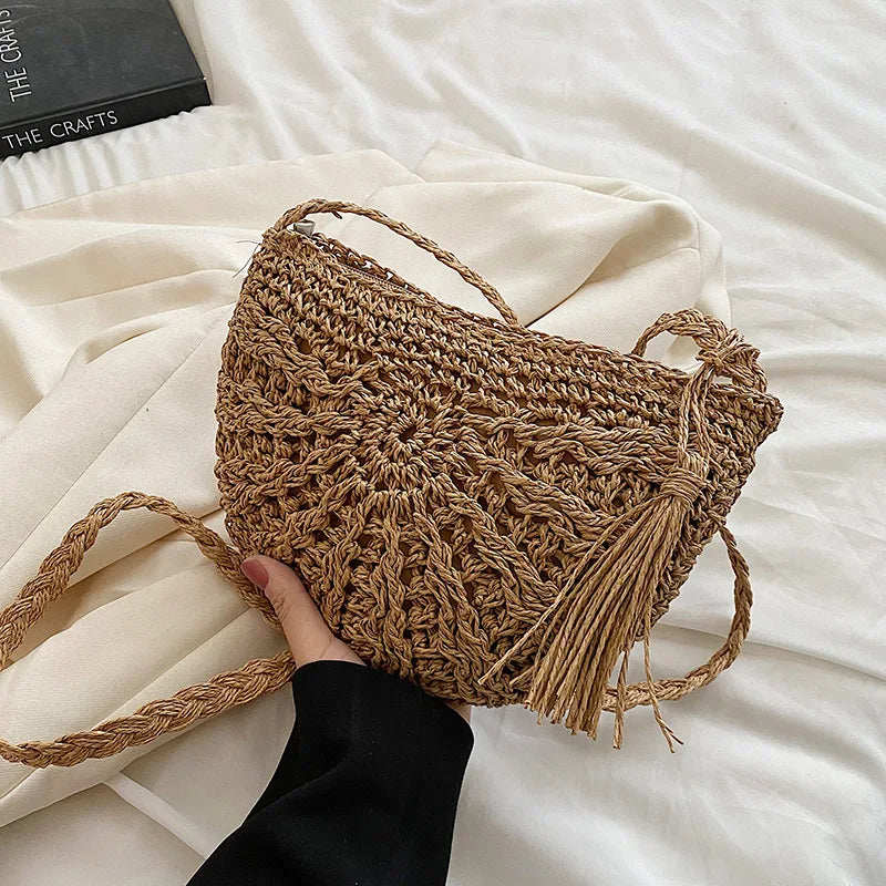 Handwoven Straw Semicircle Crossbody Bag with Tassel