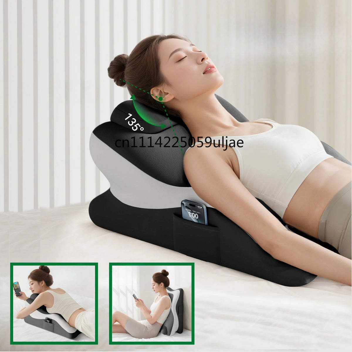 A woman is using a memory foam full-body support pillow for relaxation or support, with an angle indicator showing 135 degree
