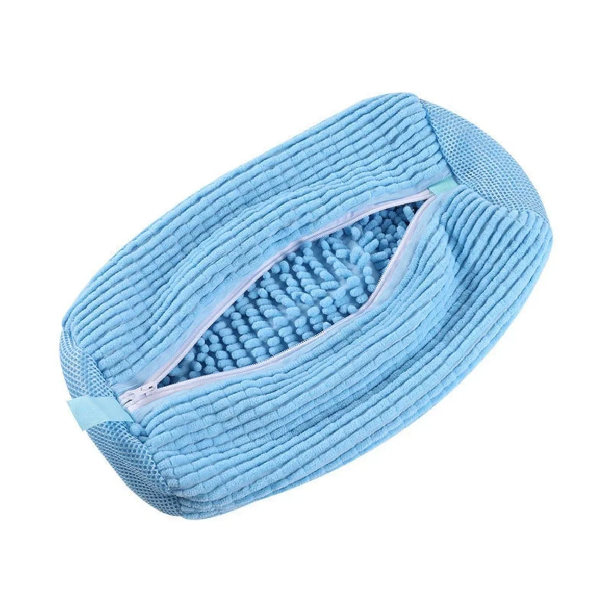 Light blue reusable shoe washing bag with soft bristles