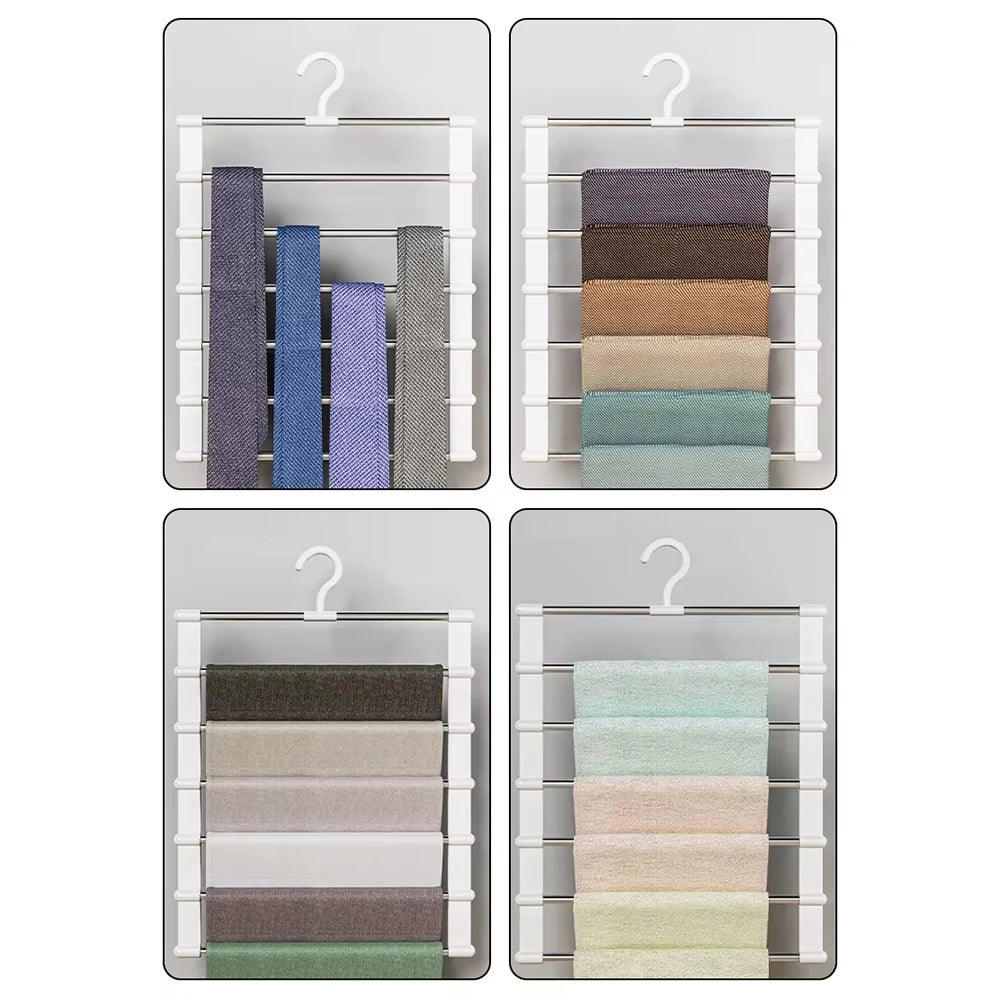 Ein Set von mehrlagigen Hosenständern in verschiedenen Graustufen, Blau-, Beige- und Grüntönen.
