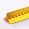 A golden aluminum triangular scale ruler with markings for drafting and drawing.