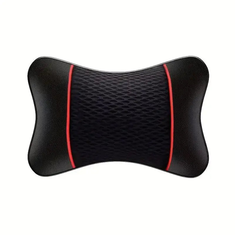 Black universal car headrest neck support cushion with red piping.