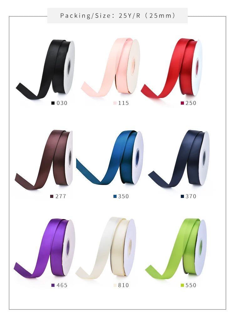 Rolls of double face satin ribbon in various colors including black, pink, red, brown, blue, and purple.