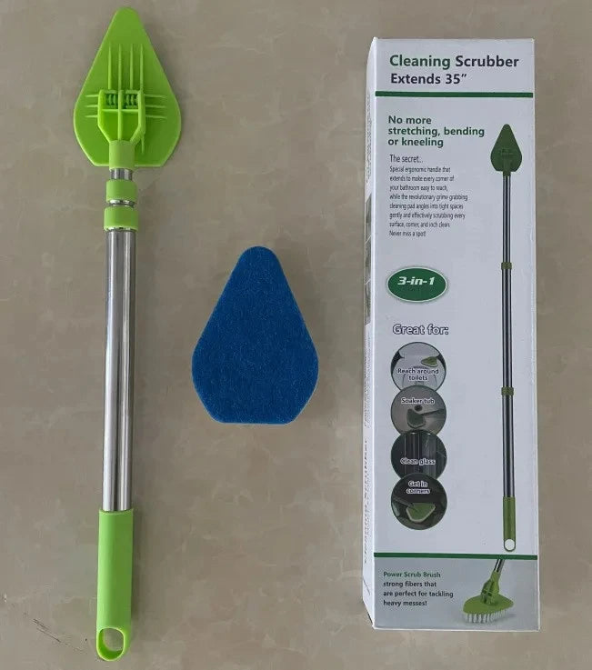 A green and silver retractable triangular floor scrubbing brush with a handle and cleaning attachments is shown next to its p