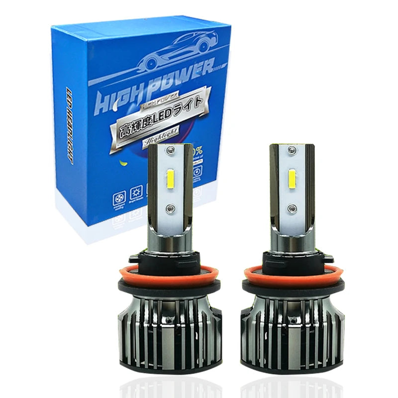 A pair of bright yellow LED fog light bulbs with metallic bases and plastic housings.