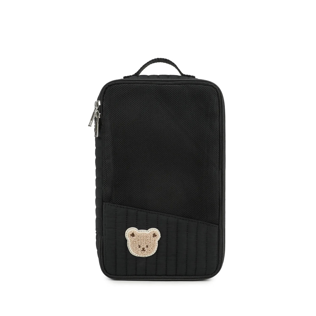 Black stroller hanging diaper bag with separate storage compartments.