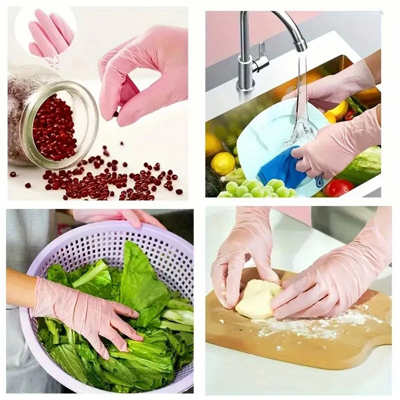 Hands wearing pink disposable nitrile gloves preparing food ingredients like pomegranate seeds and vegetables.