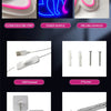 Product detail map showing components of a USB powered neon sign including flexible silicone strip, sturdy acrylic, pre-drill