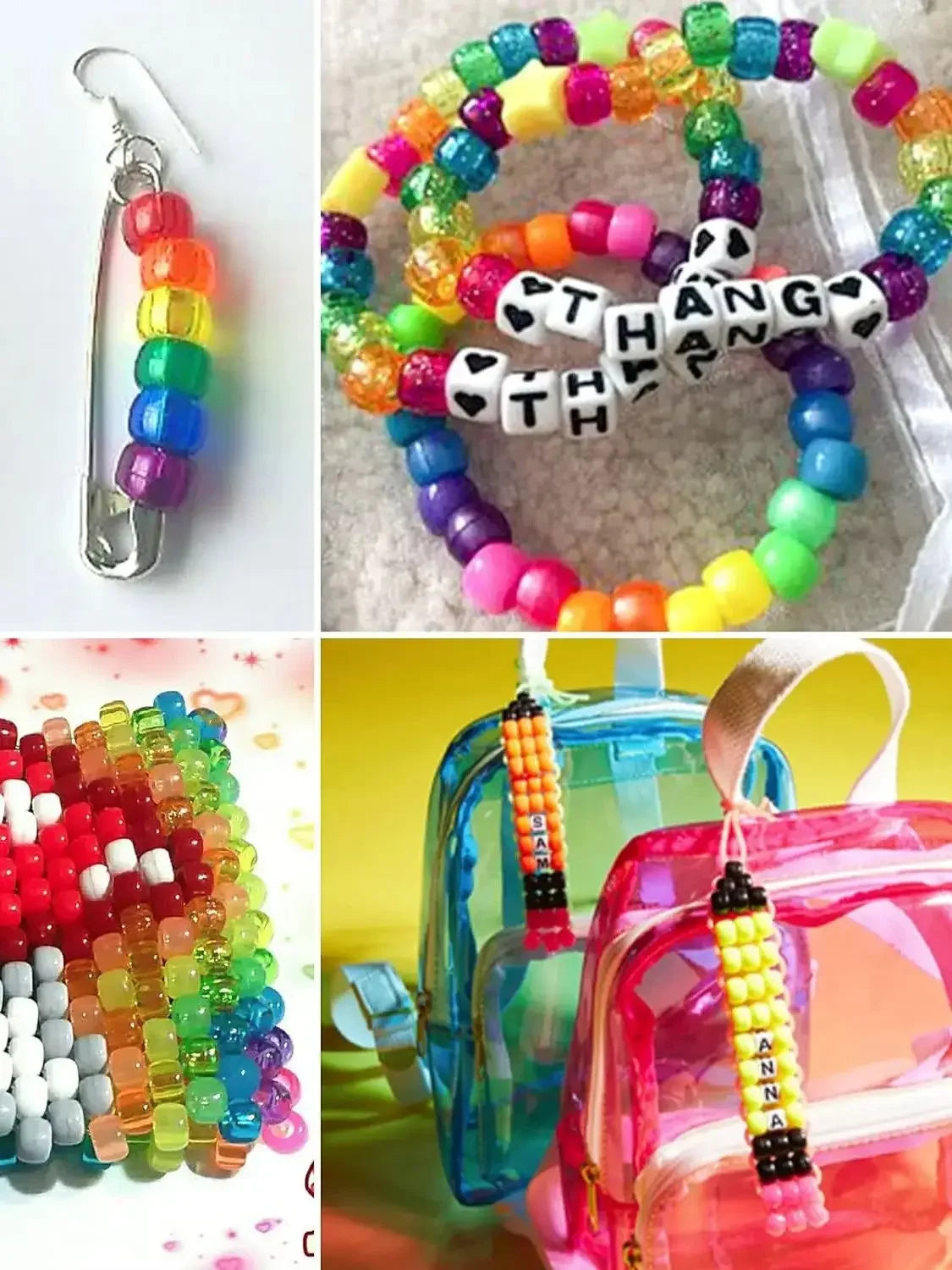 A colorful set of pony and letter beads used for crafting bracelets, displayed on a pink bag.