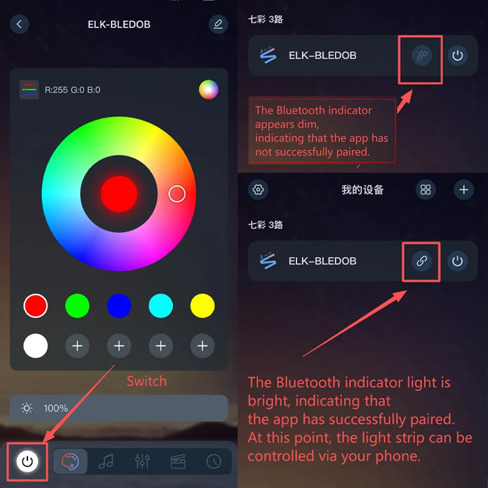 A mobile app interface showing a Bluetooth indicator light for an ELK-BLEDOB device.