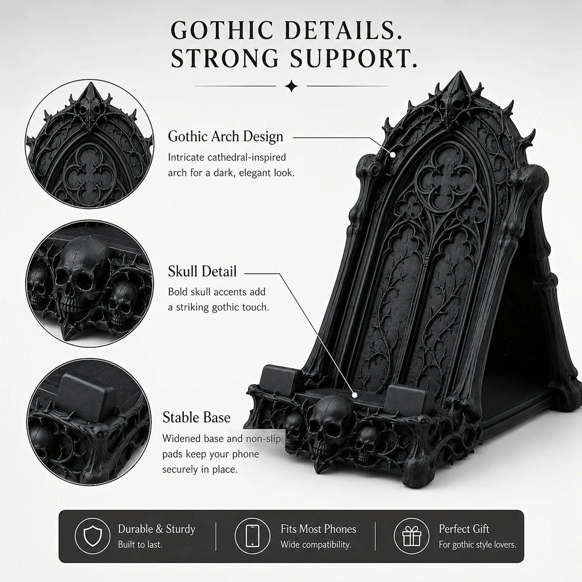 A black gothic skull phone stand featuring intricate arch designs and a stable base.