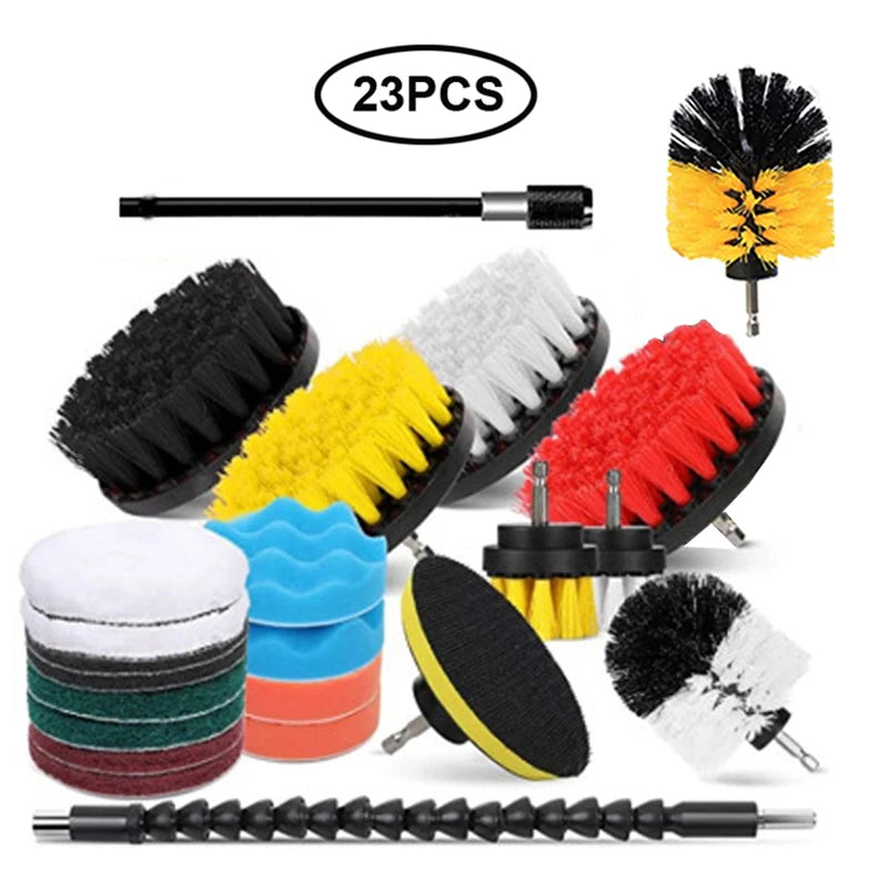 A set of 23 pieces of various black, yellow, red, and white brush attachments for power drills.