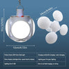 A white solar bulb light is shown with a hanging hook and five light globes, demonstrating DC and solar charging.