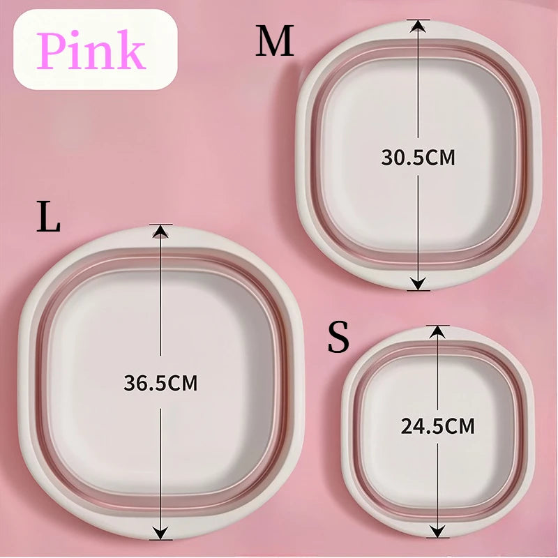Three sizes of pink collapsible silicone washbasins labeled M, L, and S shown side by side.