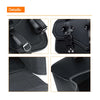 Close-up details of black PU leather motorcycle side saddlebags showing stitching and hardware.