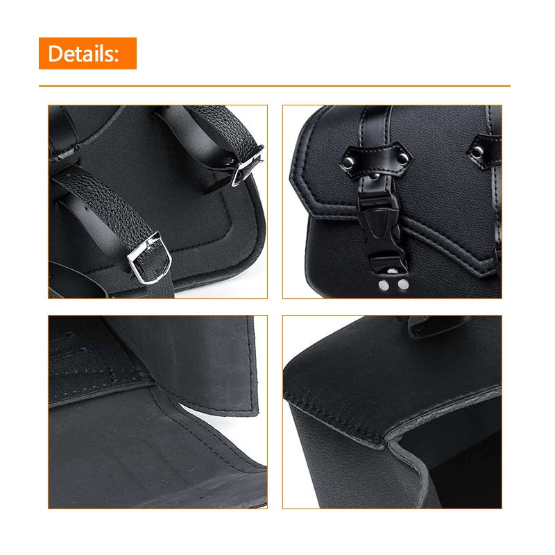 Close-up details of black PU leather motorcycle side saddlebags showing stitching and hardware.