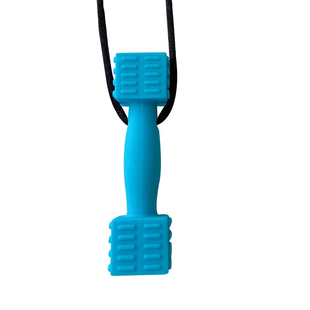 A bright blue silicone sensory chew necklace pendant with textured grips.