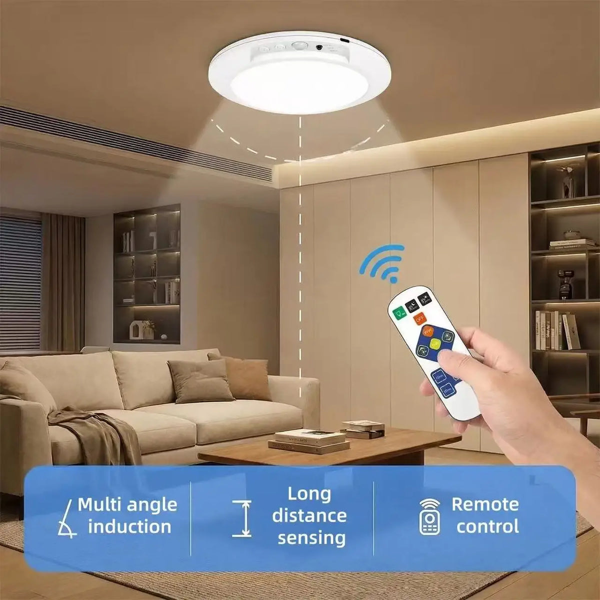 A hand is operating a remote control to turn on a ceiling light, demonstrating long distance sensing and multi angle inductio