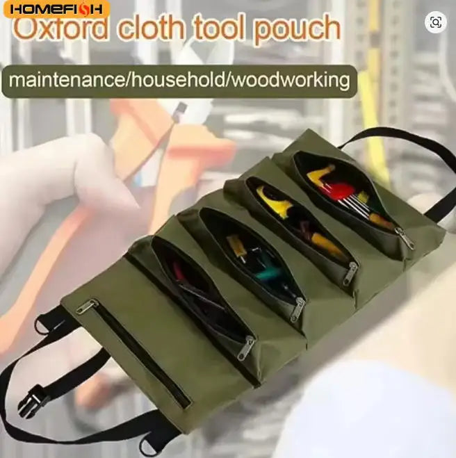 A olive green Oxford cloth tool pouch with multiple pockets is shown being held by a hand.