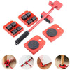 A set of red heavy-duty furniture moving kit featuring a lifting bar, roller wheels, and mounting plates for easy relocation.