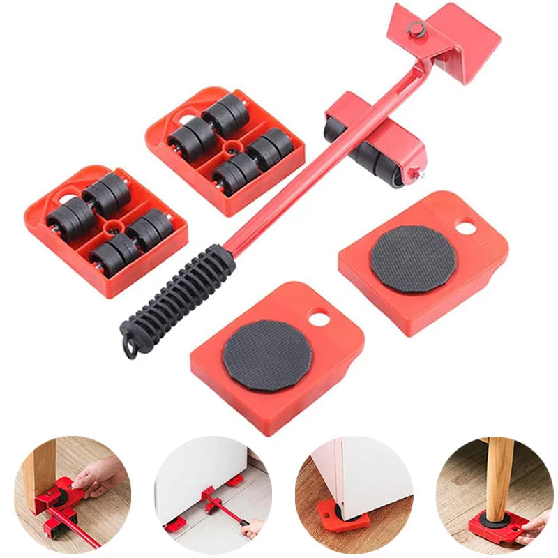 A set of red heavy-duty furniture moving kit featuring a lifting bar, roller wheels, and mounting plates for easy relocation.