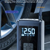 A portable wireless tire inflator device with a digital display is shown next to a tire.